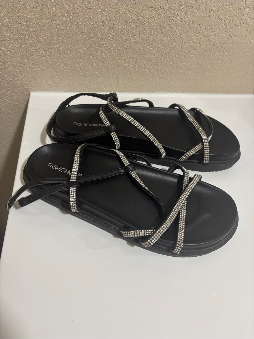 Fashion Nova Black Rhinestone Lace-Up Flat Sandals